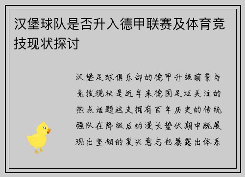 汉堡球队是否升入德甲联赛及体育竞技现状探讨